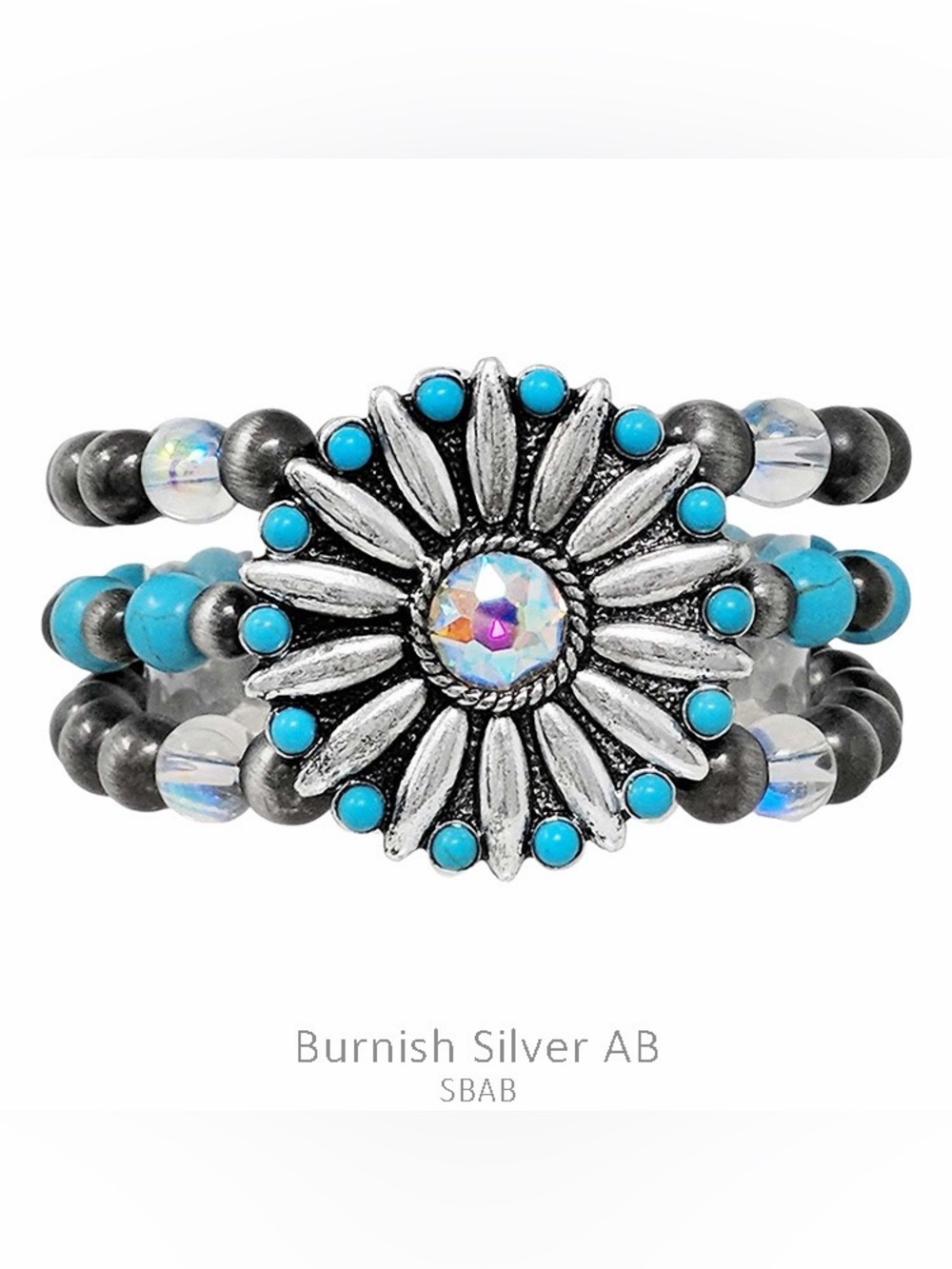 Western Fashion Burnish Silver AB Turquoise Daisy Beaded Bracelet New